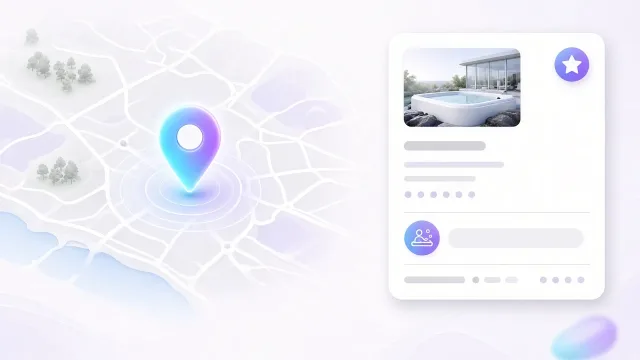 Helyi keresési térkép kiemelt pin-nel és wellness bemutatótermi találati kártyával
