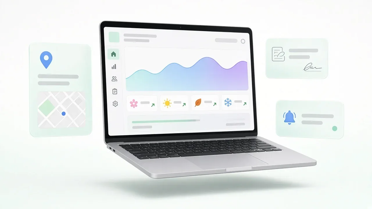 Egész éves ajánlatkérés-dashboard négy évszakkal, helyi keresés, karbantartási szerződés és emlékeztető kártyákkal