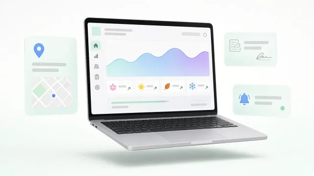 Egész éves ajánlatkérés-dashboard négy évszakkal, helyi keresés, karbantartási szerződés és emlékeztető kártyákkal