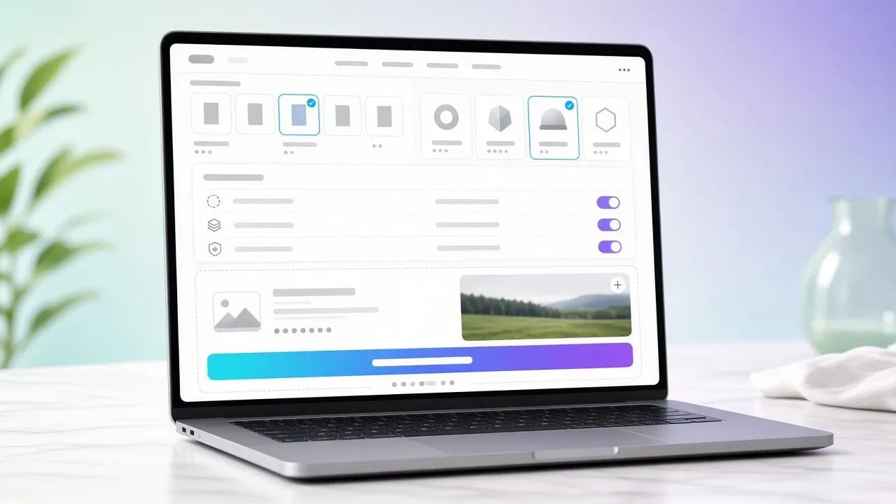 Részletes ajánlatkérő laptopon: méretválasztó, kapcsolók és telekfoto előnézet