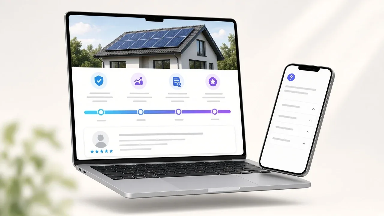 Napelemes telepítő bizalomépítő weboldala laptopon: garancia, megtérülés, pályázat és referencia blokkok, megtérülési idővonal, értékelés, telefonon GYIK