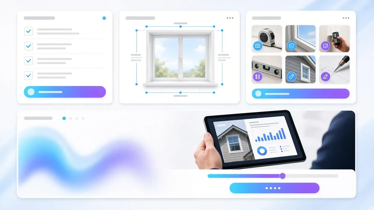 Tippek dashboard: ellenőrzőlista, ablakmérési segédábra, fotó tippek kártyái és tablet a szakember kezében