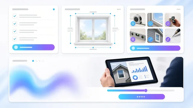 Tippek dashboard: ellenőrzőlista, ablakmérési segédábra, fotó tippek kártyái és tablet a szakember kezében