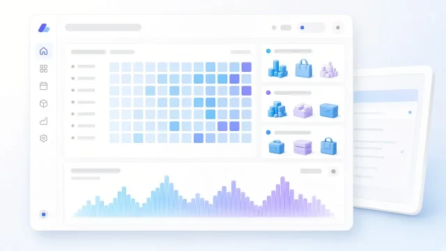 Kihasználtság dashboard: naptár hőterkép, céges csomagkártyák és raktárkihasználtság oszlopdiagram