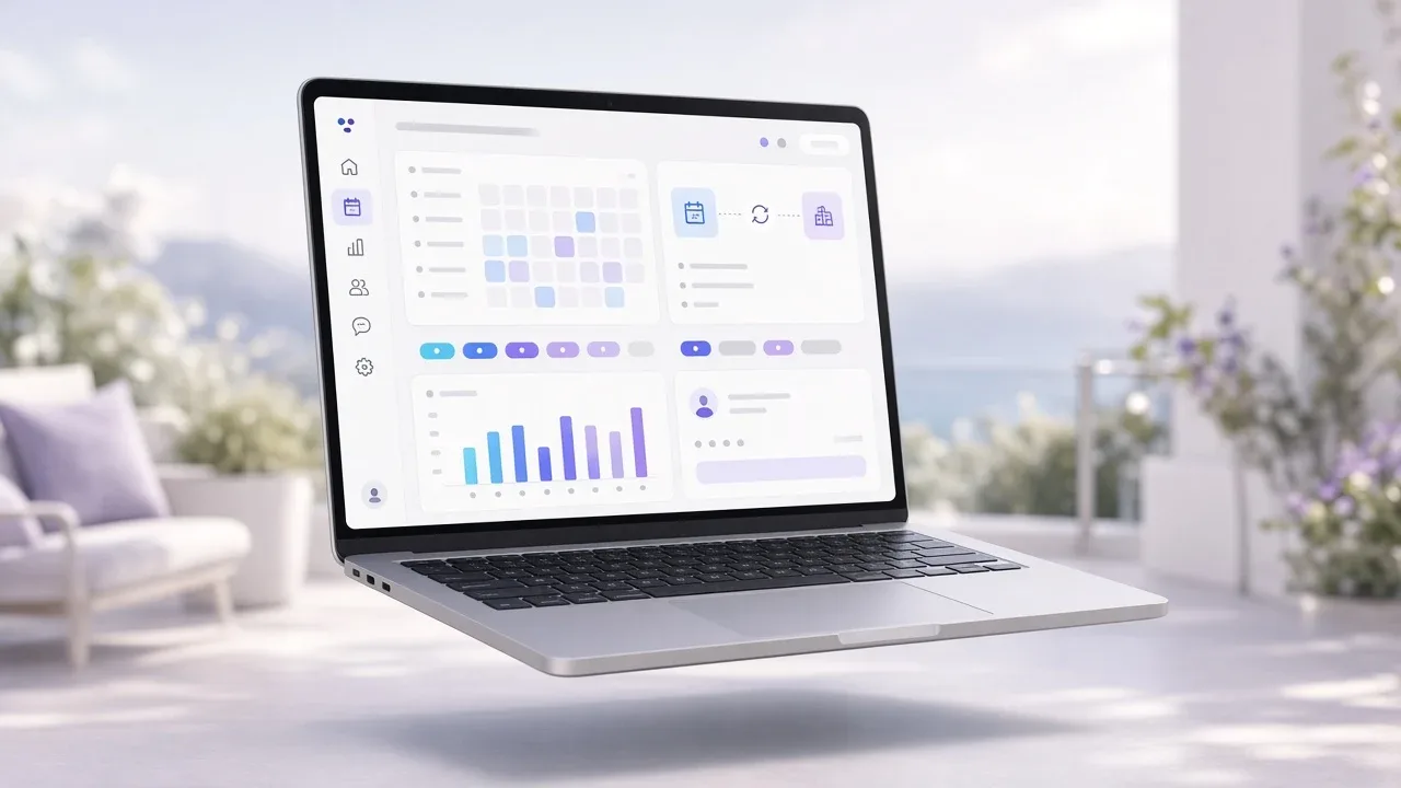 Szálláshely admin laptopon: foglalási naptár, szinkron és megtakarítás-grafikon
