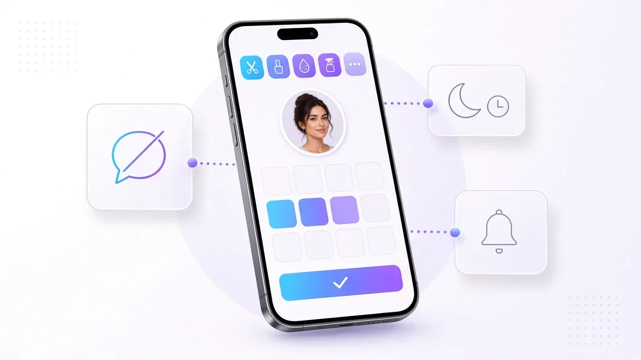 Online foglalás telefonon szolgáltatással, szakemberrel és szabad időponttal: kevesebb üzenet, éjszakai foglalás, SMS-emlékeztető