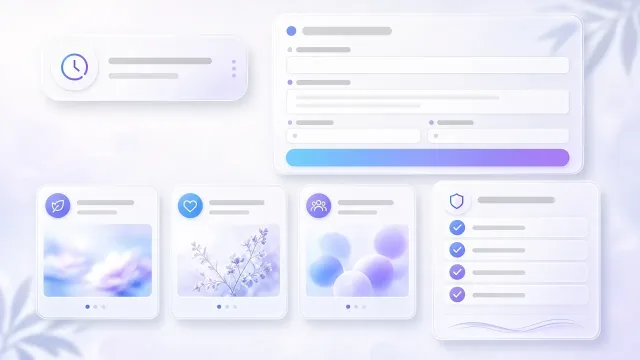 Nyugodt weboldal kártyái: ügyeleti órák, csendes kapcsolatfelvétel, szolgáltatások és checklist panel