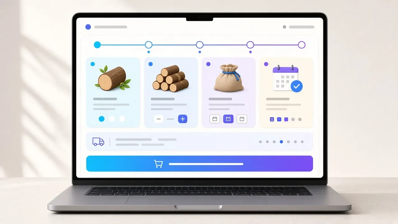 Egylapos online rendelő laptopon: fafajta, mennyiség, kiszerelés, kiszállítási nap és kosár CTA