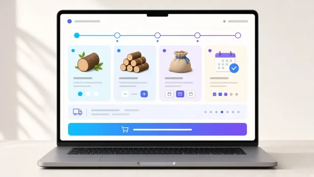 Egylapos online rendelő laptopon: fafajta, mennyiség, kiszerelés, kiszállítási nap és kosár CTA