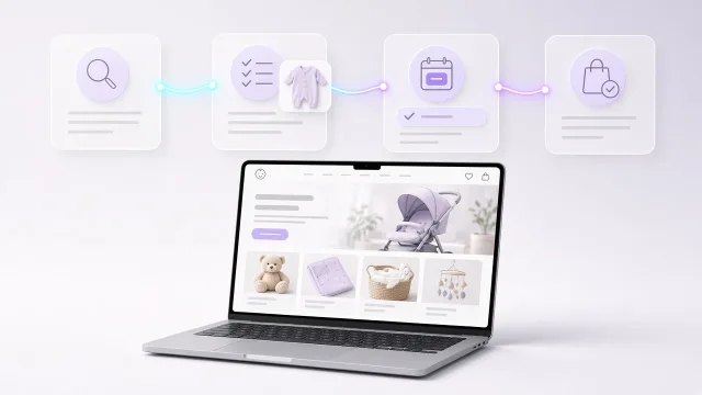 A szülők útja a bababolt weboldalán: keresés, babaváró lista, időpontfoglalás és vásárlás összekötött kártyákon, alatta laptopon a bababolt nyitóoldala