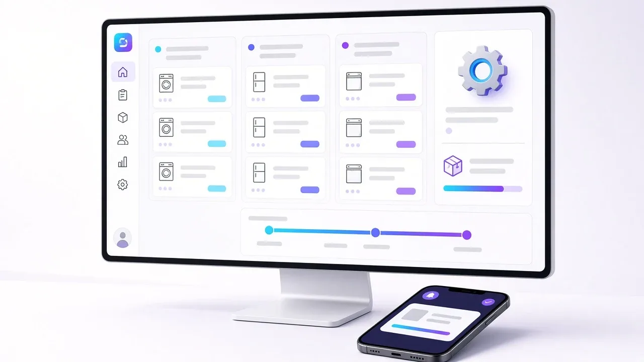 Szerviz- és alkatrészkezelő felület monitoron: javítási jegyek oszlopokban, alkatrész-rendelés állapota, átfutási idővonal, telefonon kész értesítés