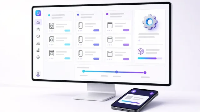 Szerviz- és alkatrészkezelő felület monitoron: javítási jegyek oszlopokban, alkatrész-rendelés állapota, átfutási idővonal, telefonon kész értesítés