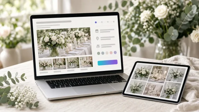 Esküvői portfólióoldal laptopon többlépéses ajánlatkérővel (dátum, helyszín, létszám, színpaletta), mellette tableten moodboard