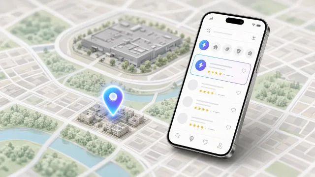 Helyi keresés térképen: kiemelt szaküzlet pin és első helyezésű találat mobilon, a háttérben szürkén egy nagy áruház