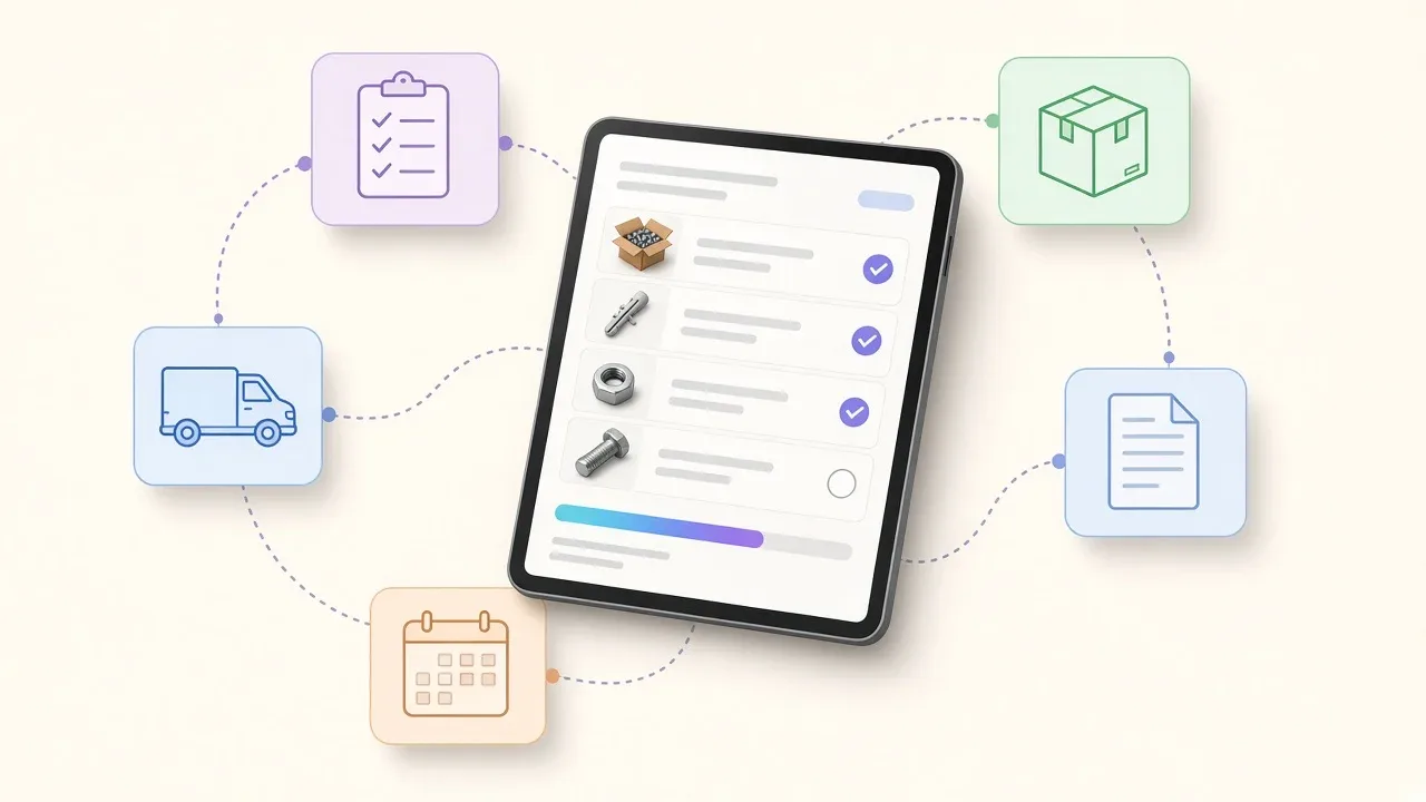 B2B rendelési ciklus: összekészítési lista tableten, körülötte listás rendelés, csomag, számla, havi elszámolás és kiszállítás kártyák