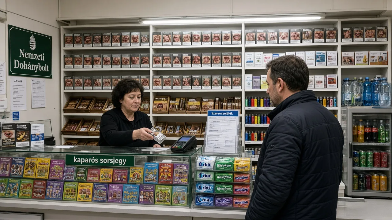 Vásárló egy nemzeti dohányboltban a pultnál