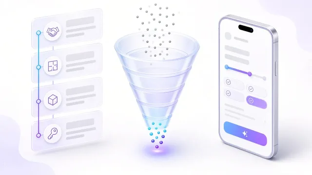 Érdeklődők szűrése a weboldalon: munkafolyamat lépései idővonalon, tölcsér, amely a sok érdeklődőből a komoly megkereséseket engedi át, és mobilos igényfelmérő űrlap