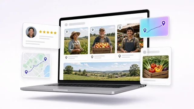 Termelőket bemutató oldal laptopon gazdák portréival és tájképpel, körülötte vásárlói vélemény, eredet-térkép a termelőtől a boltig és zöldséges láda kártyája