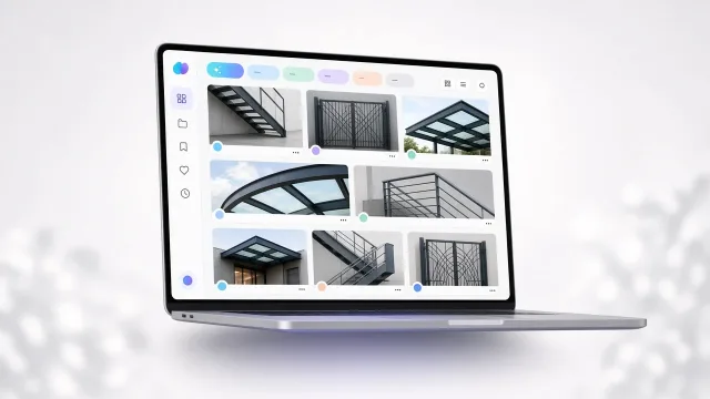 Referenciagaléria laptopon: elkészült lépcsők, kapuk és előtetők projektkártyái mozaikelrendezésben, szűrőkkel és esettanulmány-nézettel