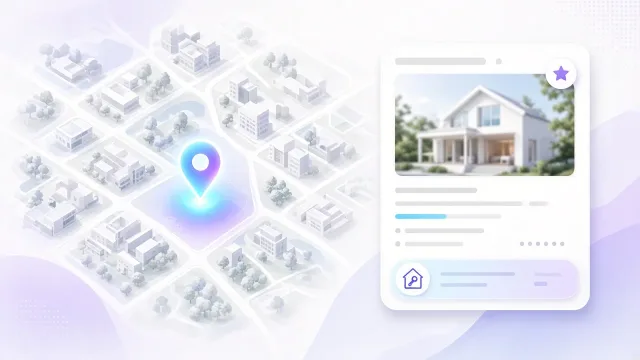Helyi keresési térkép kiemelt pin-nel és ingatlanos találati kártyával