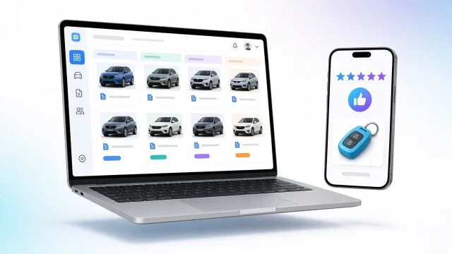 Kárügyek kanban táblája laptopon és telefonon ügyfélértékelés csereautó-kulcs ikonnal