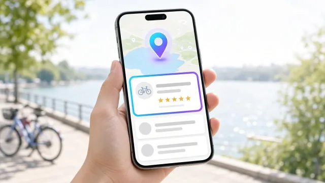 Mobilos keresési találatok tóparti térképpel és kiemelt kerékpárkölcsönző-kártyával