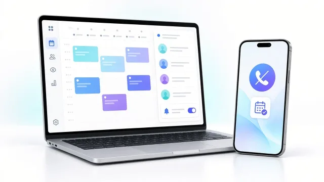 Optikai időpontkezelő laptopon heti naptárral, foglalási listával és automatikus emlékeztető kapcsolóval, mellette telefonon kevesebb hívást jelző ikon
