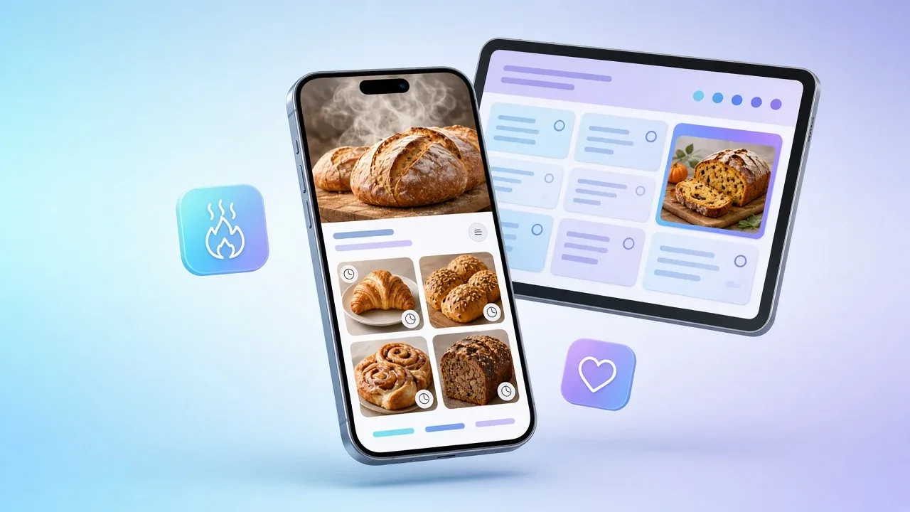 Napi kínálat telefonon: friss kenyerek nagy fotója, alatta croissant, magvas zsemle, kakaós csiga és rozskenyér csempék sütési idő jelzéssel, mögötte tableten heti kínálat kiemelt szezonális különlegességgel