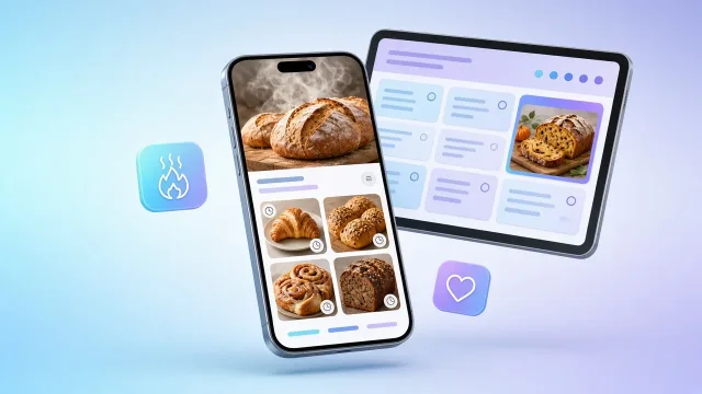 Napi kínálat telefonon: friss kenyerek nagy fotója, alatta croissant, magvas zsemle, kakaós csiga és rozskenyér csempék sütési idő jelzéssel, mögötte tableten heti kínálat kiemelt szezonális különlegességgel
