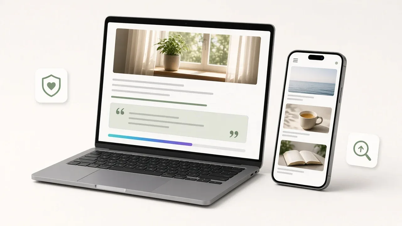Tájékoztató cikk laptopon nyugodt fotóval, idézetblokkal és olvasási sávval, mellette telefonon cikkajánló kártyák, bizalmat és keresőbeli láthatóságot jelző ikonok