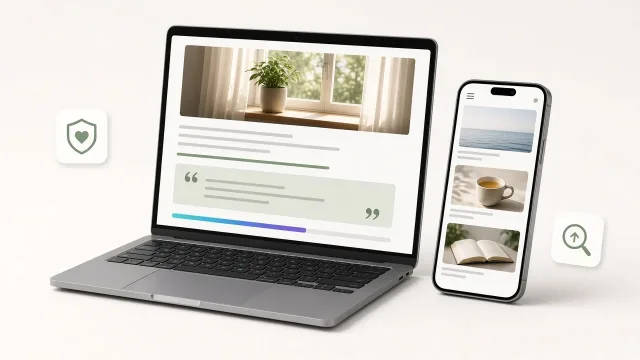Tájékoztató cikk laptopon nyugodt fotóval, idézetblokkal és olvasási sávval, mellette telefonon cikkajánló kártyák, bizalmat és keresőbeli láthatóságot jelző ikonok