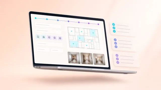 Többlépéses felmérési űrlap laptopon alaprajzzal, zónajelölőkkel és fotófeltöltéssel