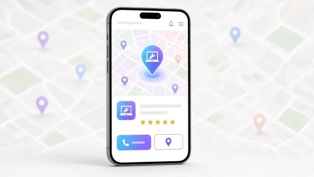 Helyi keresési találat telefonon: kiemelt laptopszerviz a térképen értékelésekkel