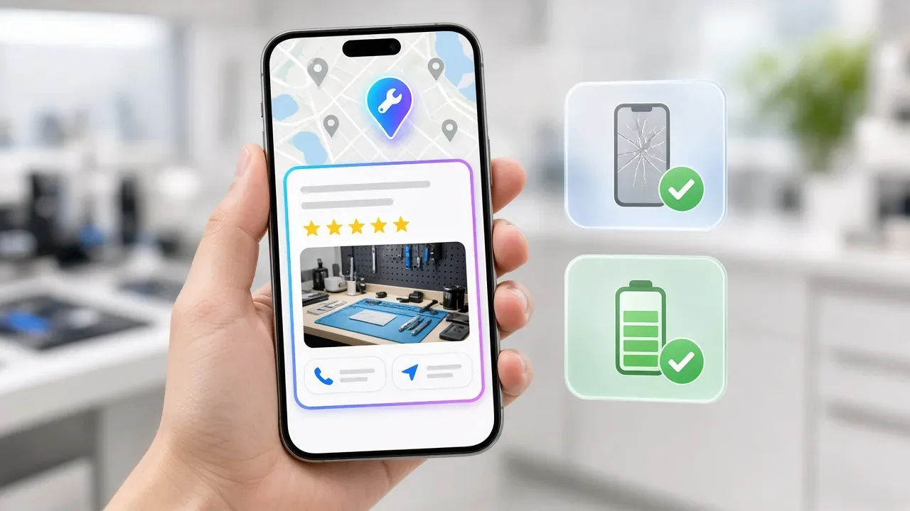 Telefon kézben a helyi keresési találatokkal: térképen kiemelt szervizjelölő, élen az értékelt telefonszerviz hívás és útvonal gombbal