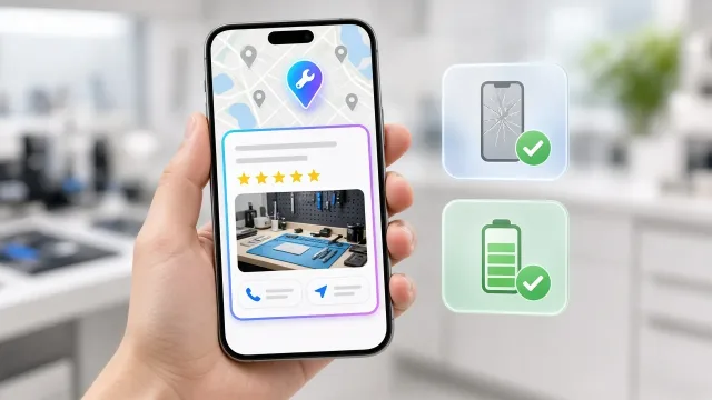 Telefon kézben a helyi keresési találatokkal: térképen kiemelt szervizjelölő, élen az értékelt telefonszerviz hívás és útvonal gombbal